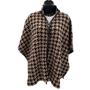 Rafaella Womens Houndstooth Full Zip Knit Poncho Tan Black Mock Neck Size M NWT